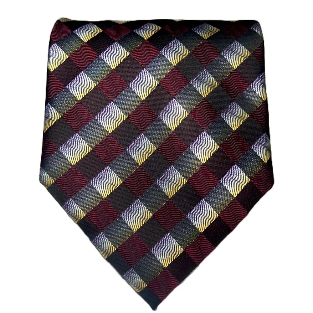 Alexander Julian Handmade Men’s Designer Tie‎ Burgundy Gray Checkered Necktie